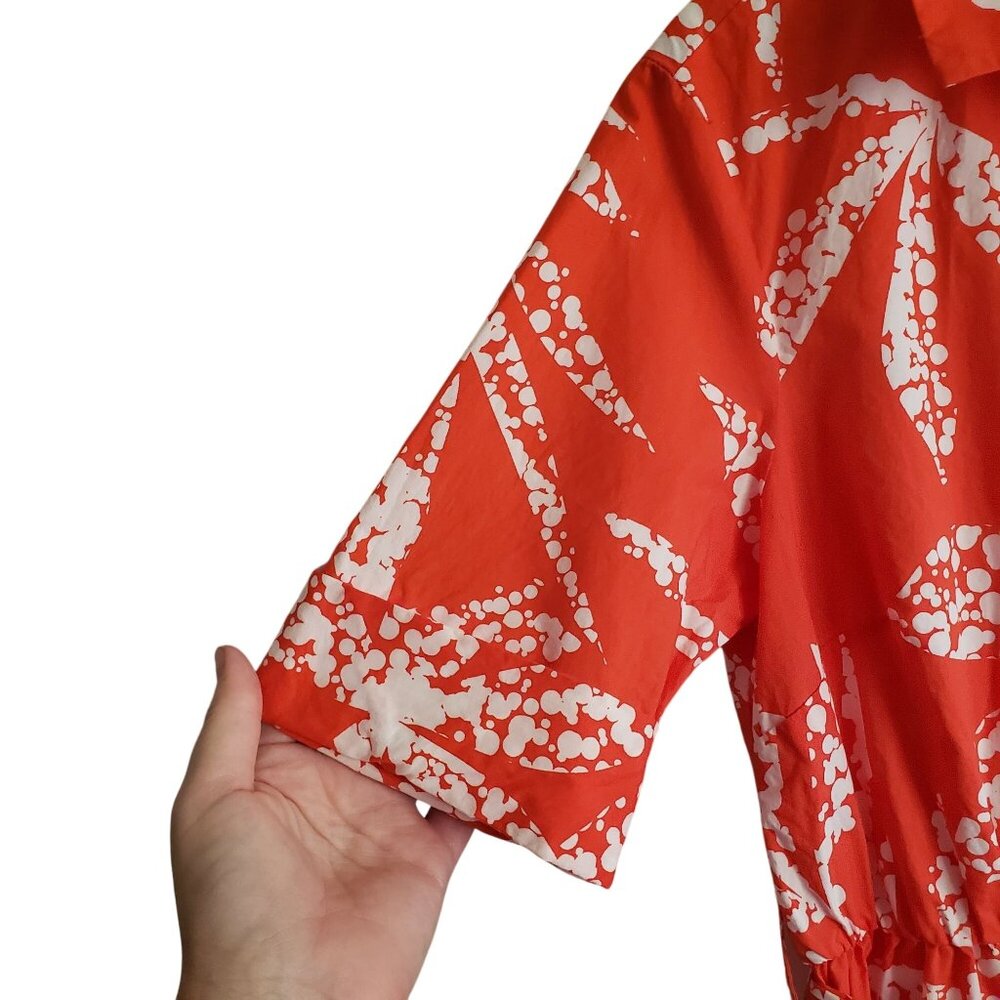 DKNY Red-Orange Print Shirt Dress 12 White Leaf Print Cotton Midi - Picture 5 of 12